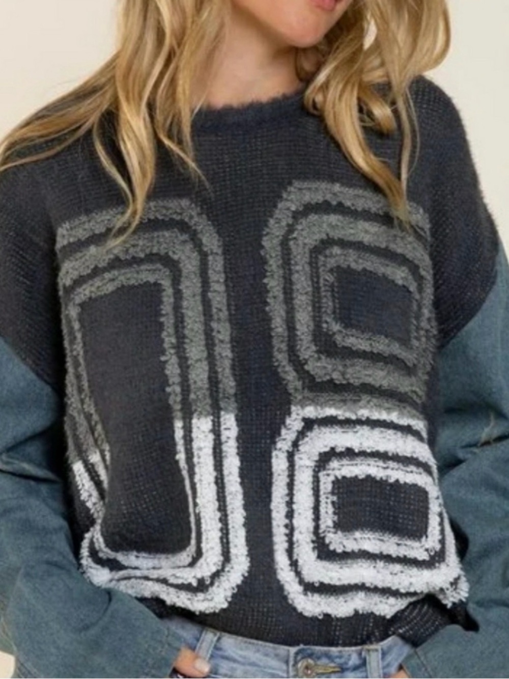 POL Brand new Cozy Denim Geometric Contrast Knit Sweater - Charcoal Gray